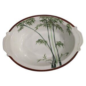 Vintage Japanese Hand-Painted Bamboo Design Oval Bowl two Handles 11 inch Length